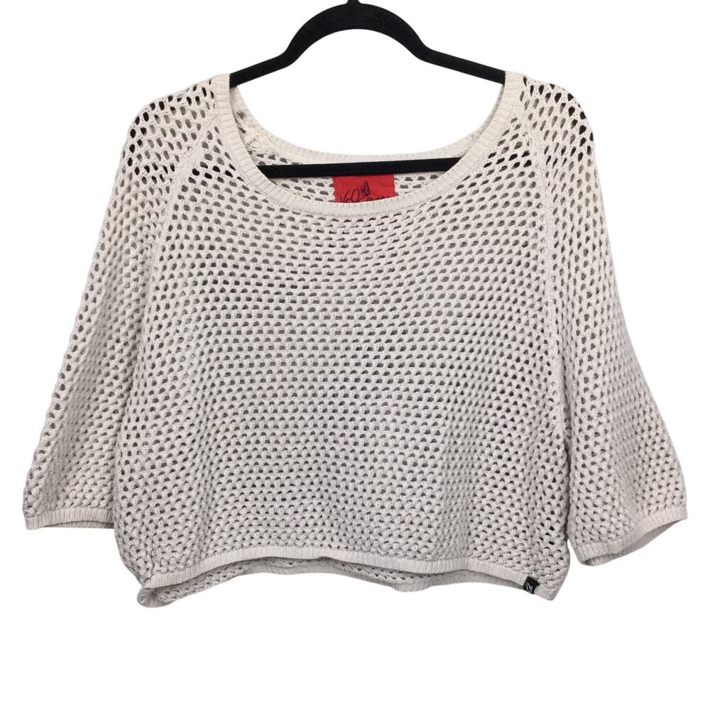Volcom Boho Festival Cottagecore Mesh Cream Retro Cropped Open Knit Sweater M
